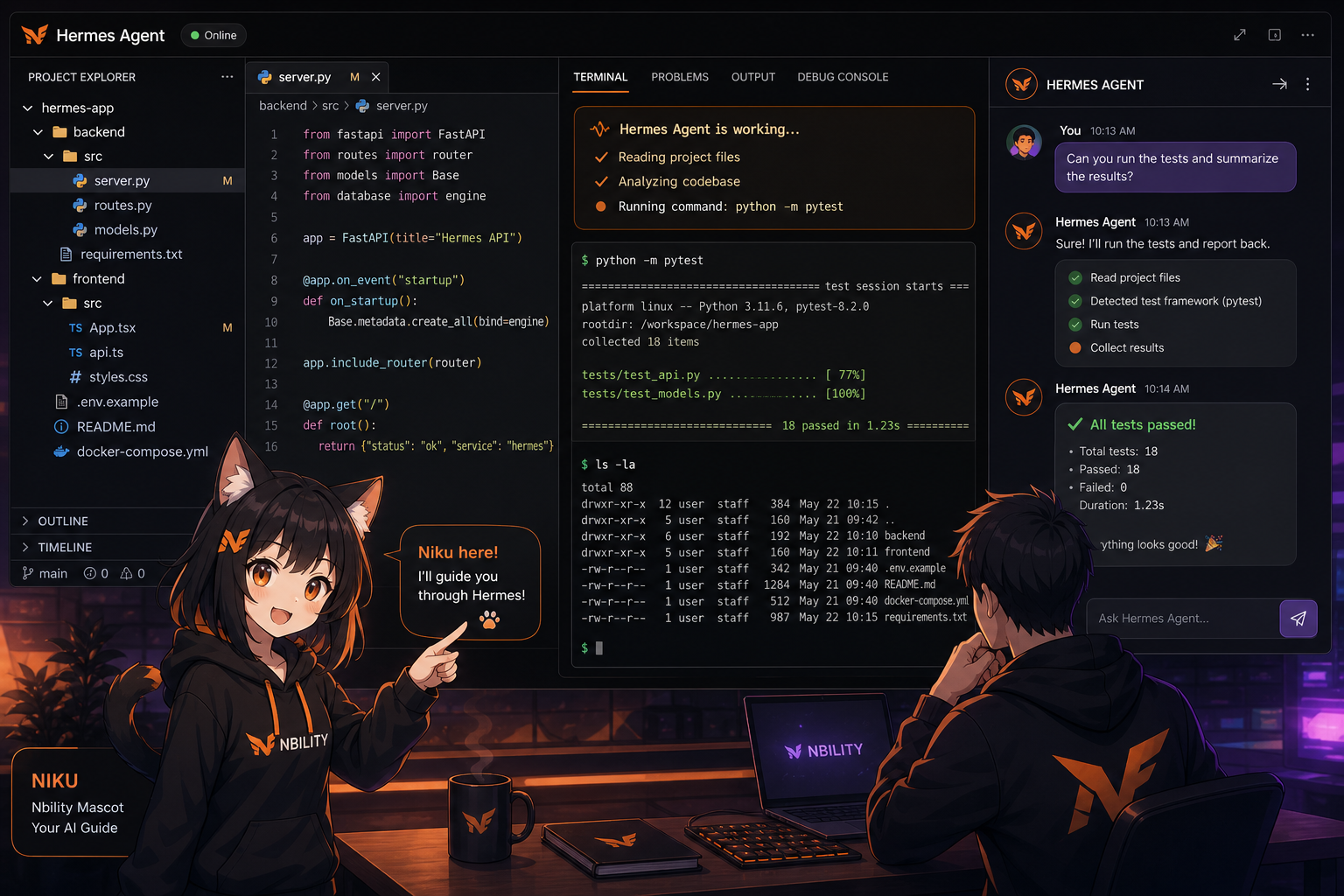 A user chatting with Hermes Agent in the terminal while the Agent reads project files