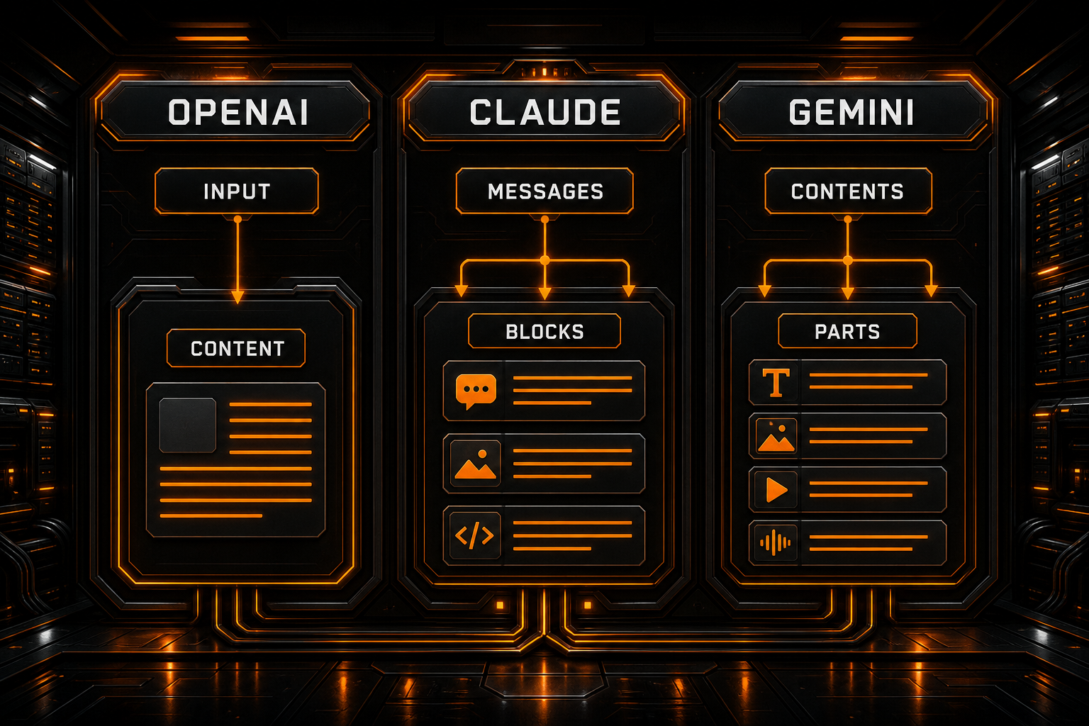 How input, messages, contents, blocks, and parts differ